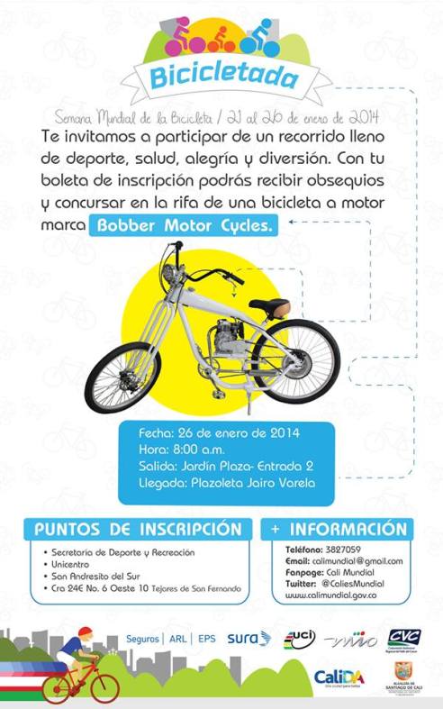Promocional de la bicicletada en Cali, que tiene como incentivo la rifa de una bicicleta a motor (motocicleta).