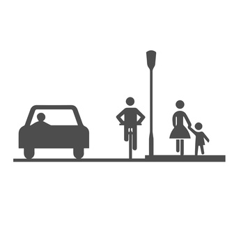 Car, bicyclist and pedestrians:mother and child