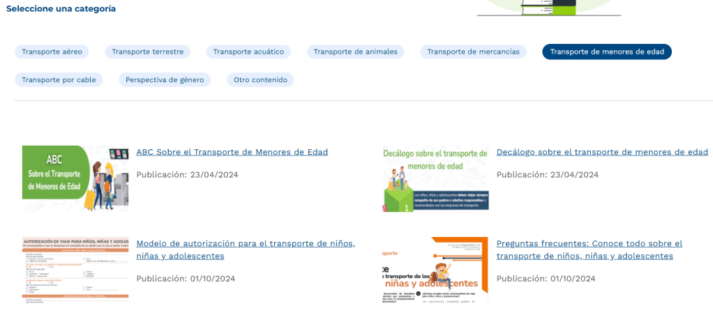 Imagen de una página web que muestra opciones de categorías relacionadas con el transporte de menores de edad, incluyendo documentos informativos y guías.